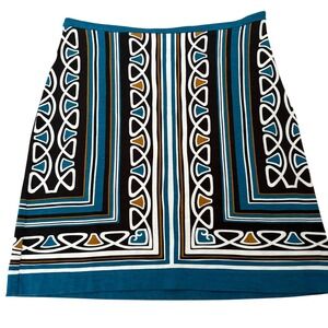 Ann Taylor Loft Teal Blue Geometric Border Print Jersey Mini Skirt Size 0 Office